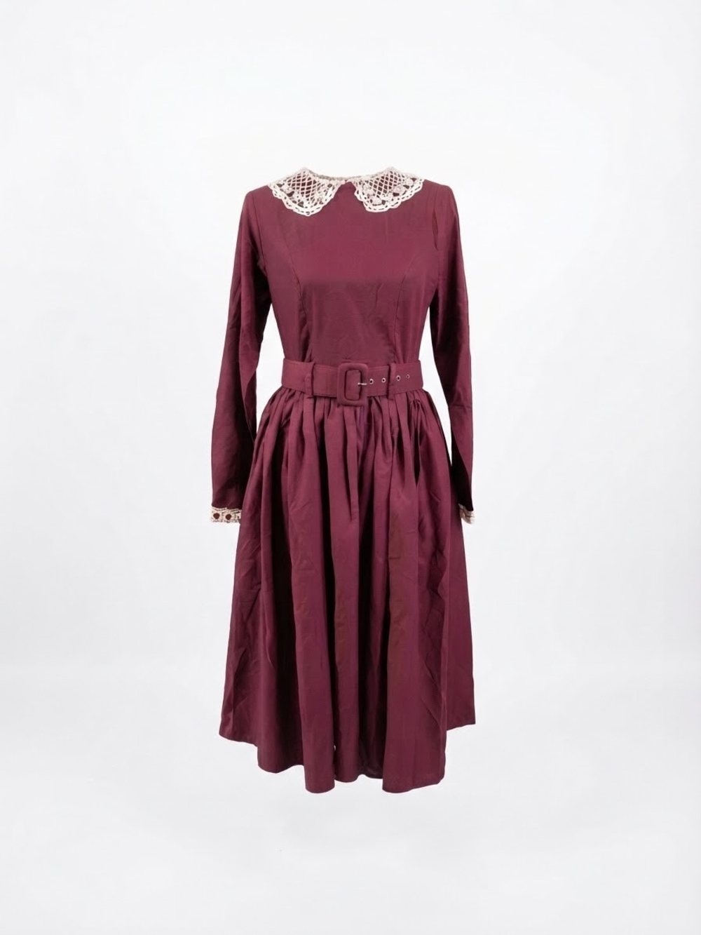 Collectif Wine Red Long Sleeve Dress with Crochet Collar
